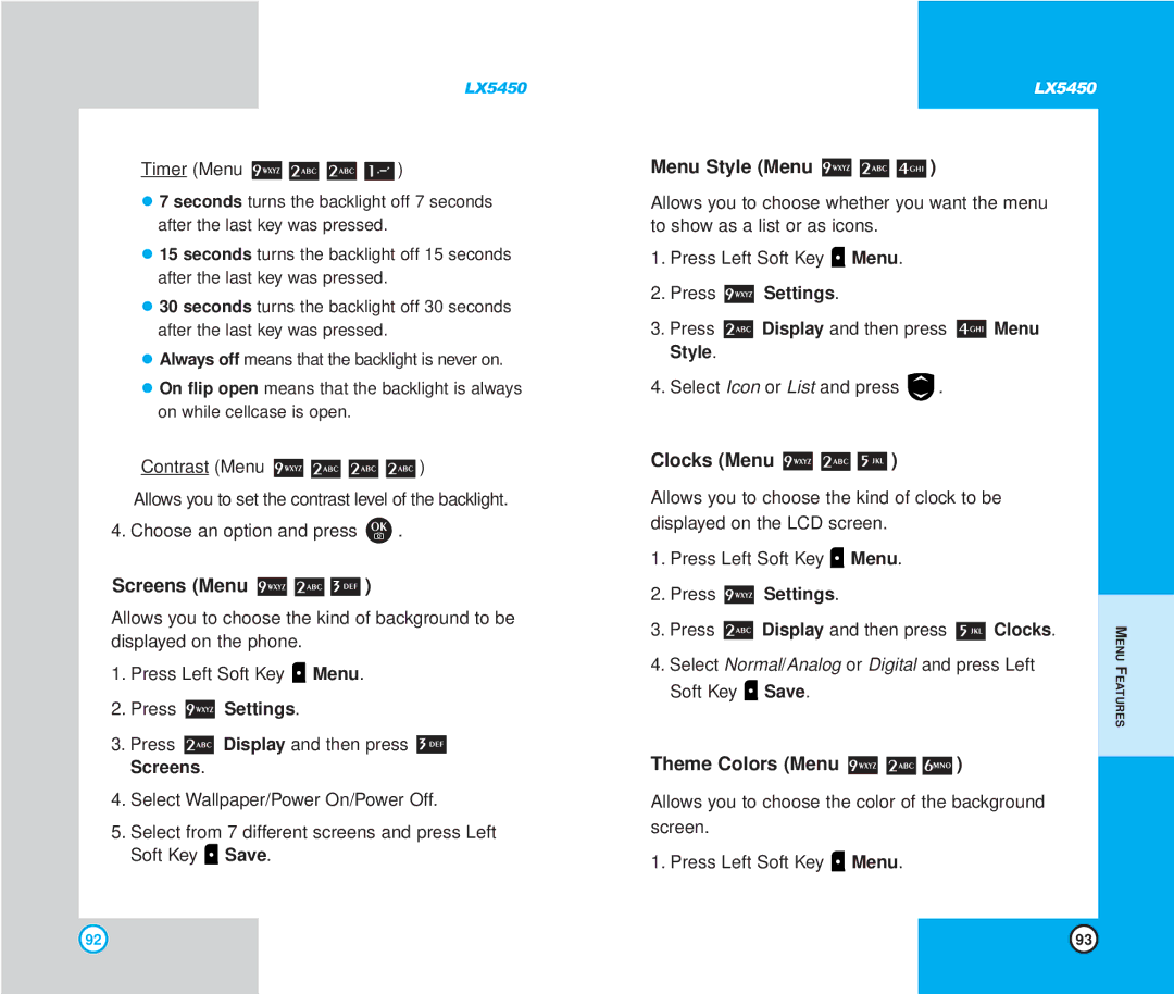 LG Electronics LX5450 manual Screens Menu, Menu Style Menu, Clocks Menu, Theme Colors Menu 