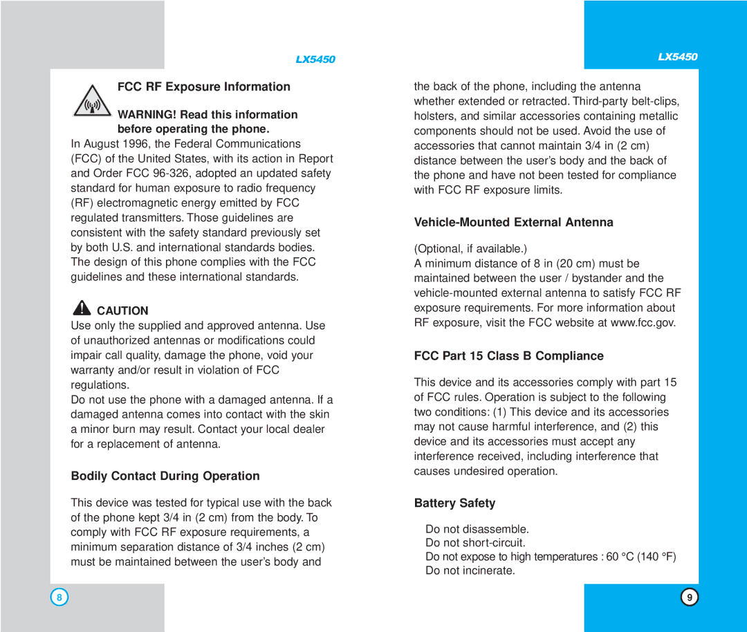 LG Electronics LX5450 manual FCC RF Exposure Information, Bodily Contact During Operation, Vehicle-Mounted External Antenna 