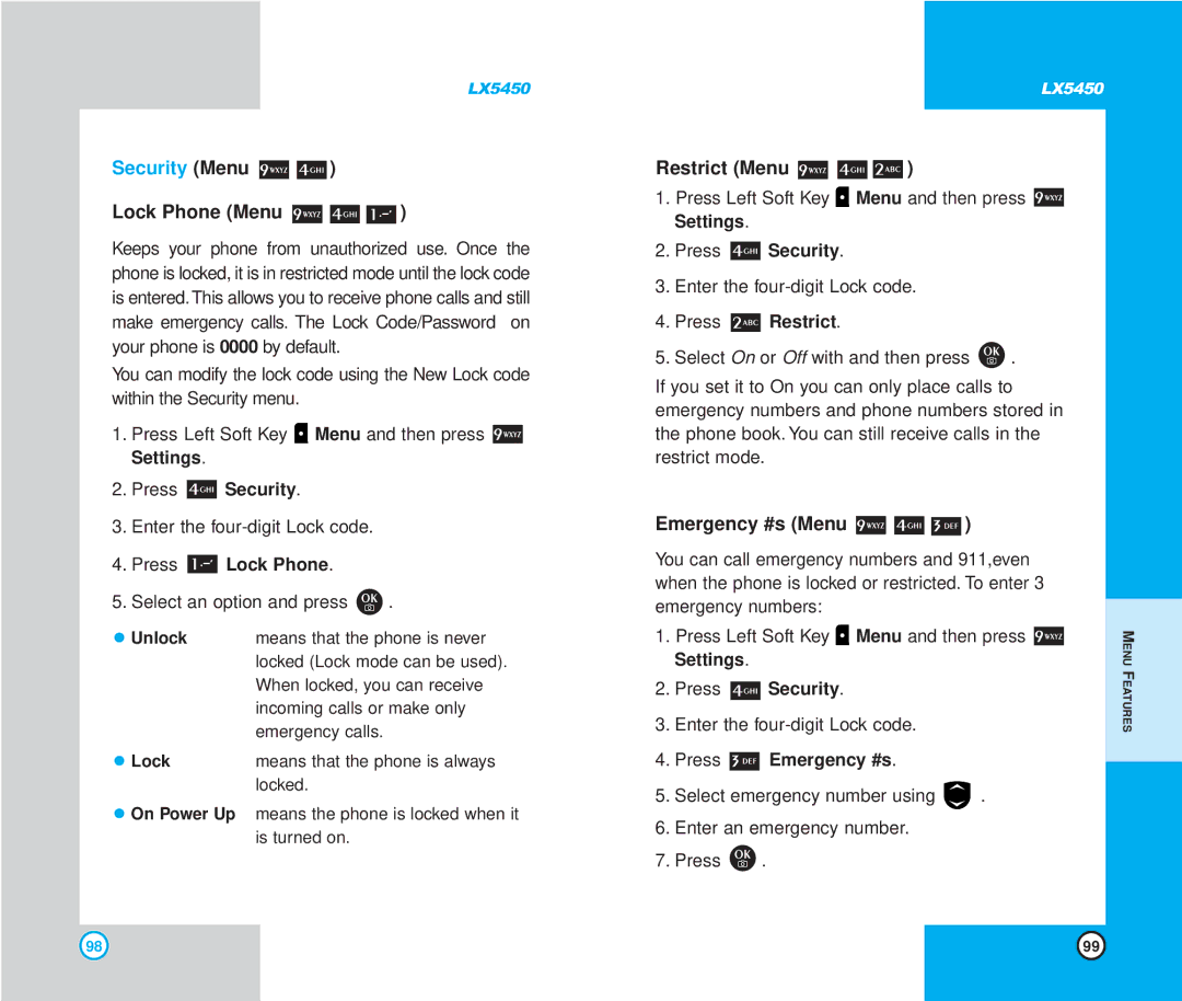 LG Electronics LX5450 manual Security Menu, Lock Phone Menu, Restrict Menu, Emergency #s Menu 