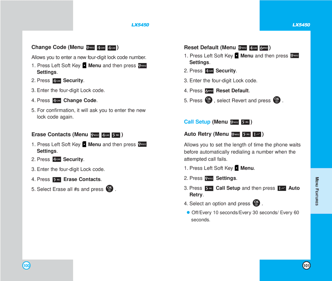 LG Electronics LX5450 manual Change Code Menu, Erase Contacts Menu, Reset Default Menu, Call Setup Menu, Auto Retry Menu 