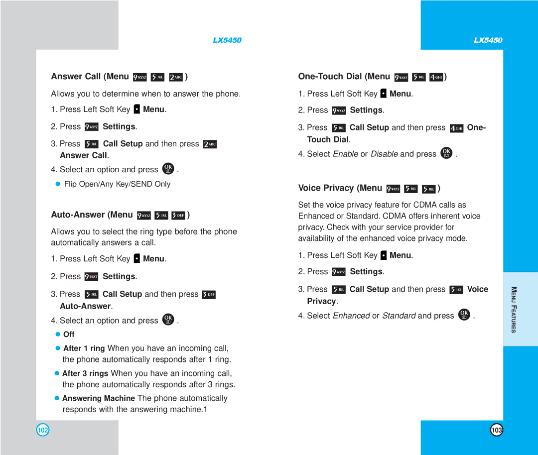 LG Electronics LX5450 manual Answer Call Menu One-Touch Dial Menu, Auto-Answer Menu, Voice Privacy Menu, Off 