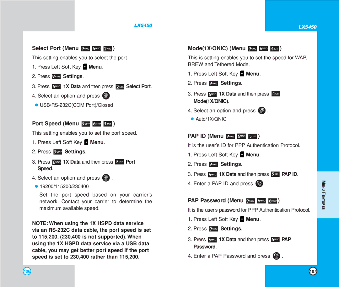 LG Electronics LX5450 manual Select Port Menu Mode1X/QNIC Menu, Port Speed Menu, PAP ID Menu, PAP Password Menu 