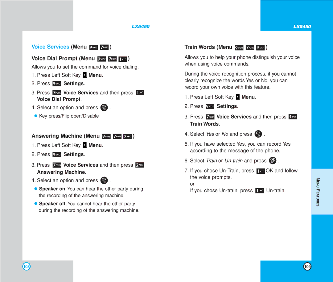 LG Electronics LX5450 manual Voice Services Menu, Voice Dial Prompt Menu, Answering Machine Menu, Train Words Menu 