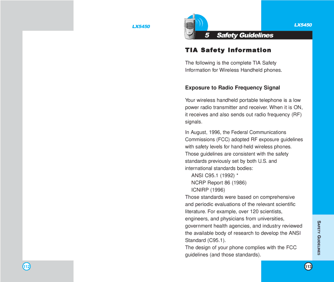 LG Electronics LX5450 manual TIA Safety Information, Exposure to Radio Frequency Signal 