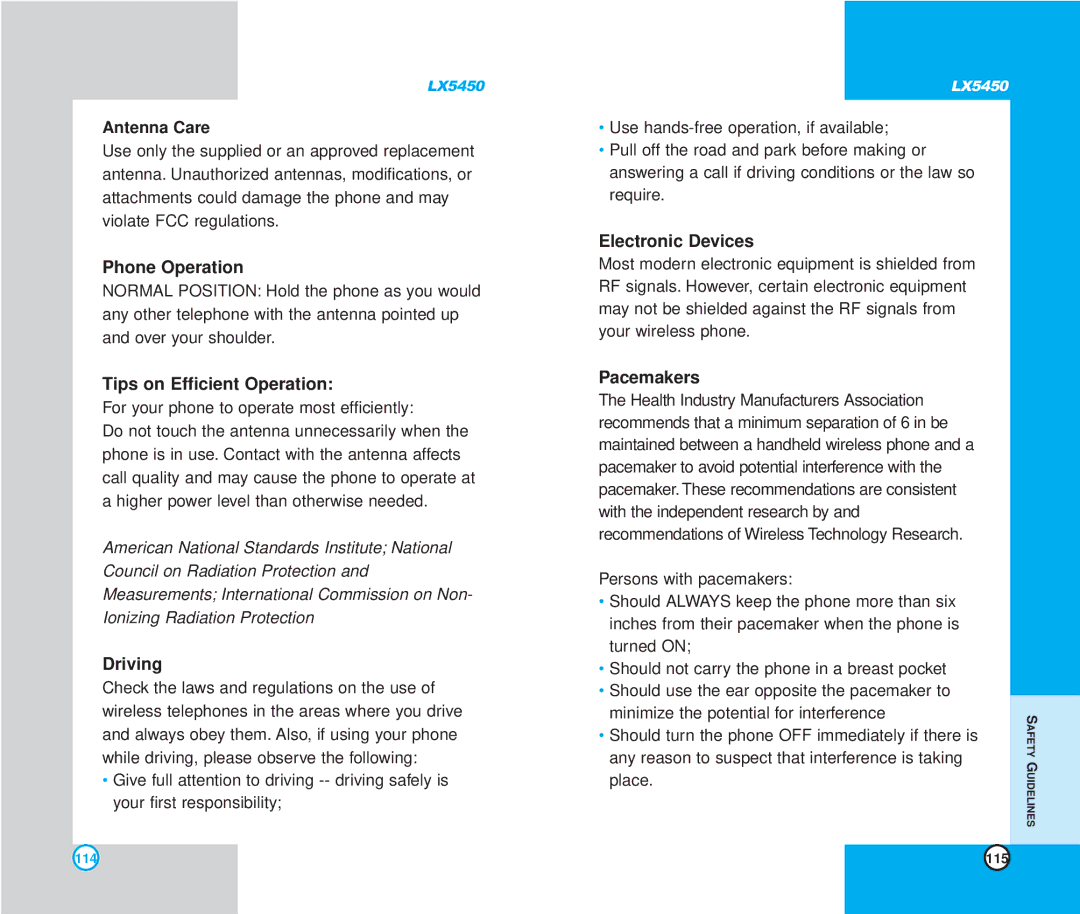 LG Electronics LX5450 manual Phone Operation, Tips on Efficient Operation, Driving, Electronic Devices, Pacemakers 