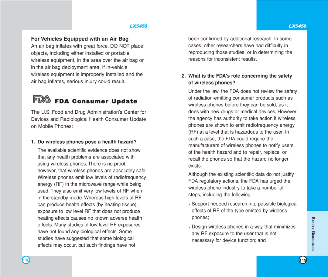 LG Electronics LX5450 FDA Consumer Update, For Vehicles Equipped with an Air Bag, Do wireless phones pose a health hazard? 