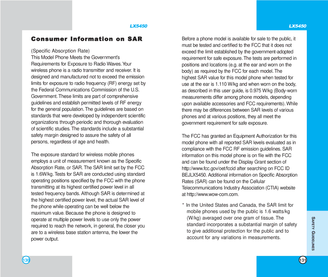 LG Electronics LX5450 manual Consumer Information on SAR, Specific Absorption Rate 