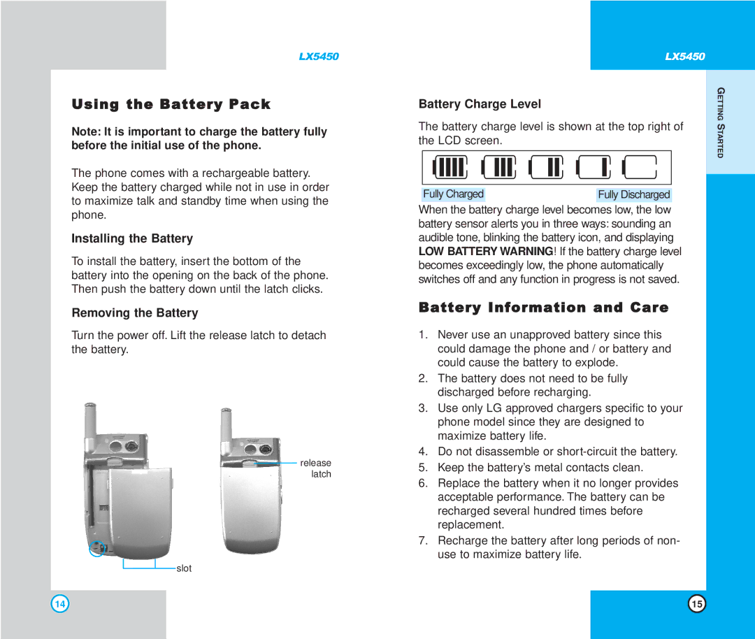 LG Electronics LX5450 Using the Battery Pack, Battery Information and Care, Installing the Battery, Removing the Battery 