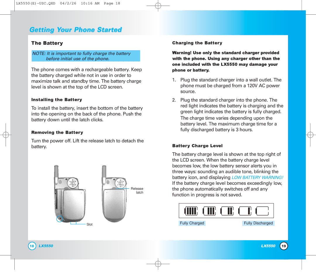 LG Electronics LX5550 manual Getting Your Phone Started, Battery 