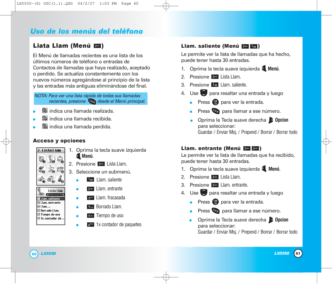 LG Electronics LX5550 manual Liata Llam Menú, Llam. saliente Menú, Llam. entrante Menú 