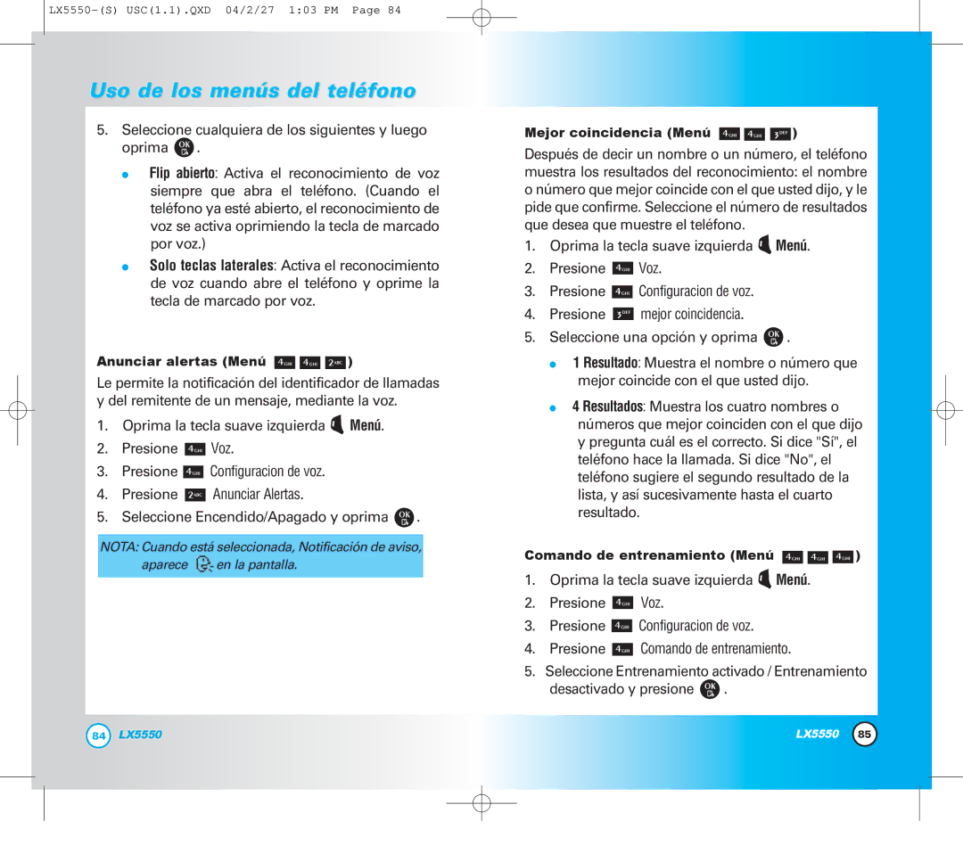 LG Electronics LX5550 manual Anunciar alertas Menú 