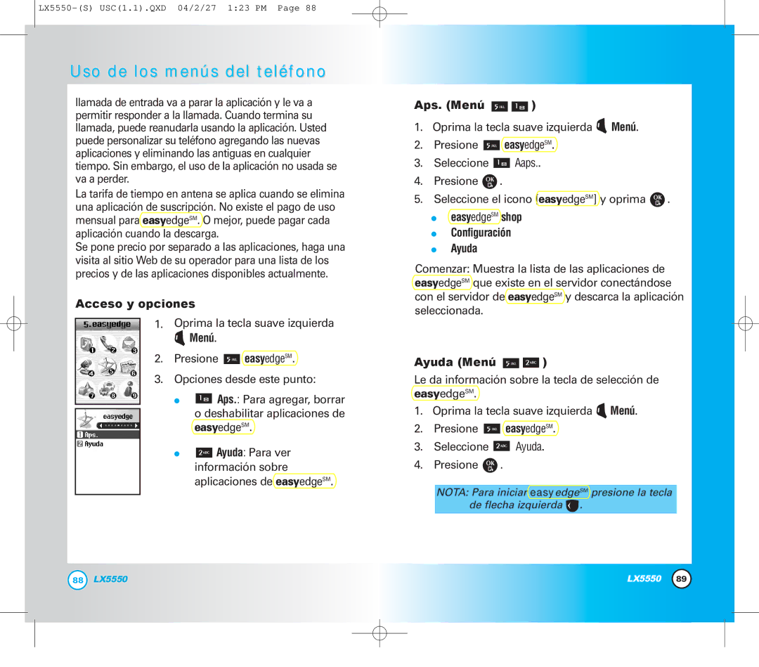 LG Electronics LX5550 manual Aps. Menú, EasyedgeSM shop Configuración Ayuda 