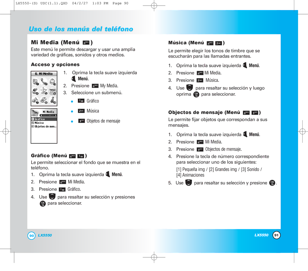 LG Electronics LX5550 manual Mi Media Menú, Gráfico Menú, Música Menú, Objectos de mensaje Menú 