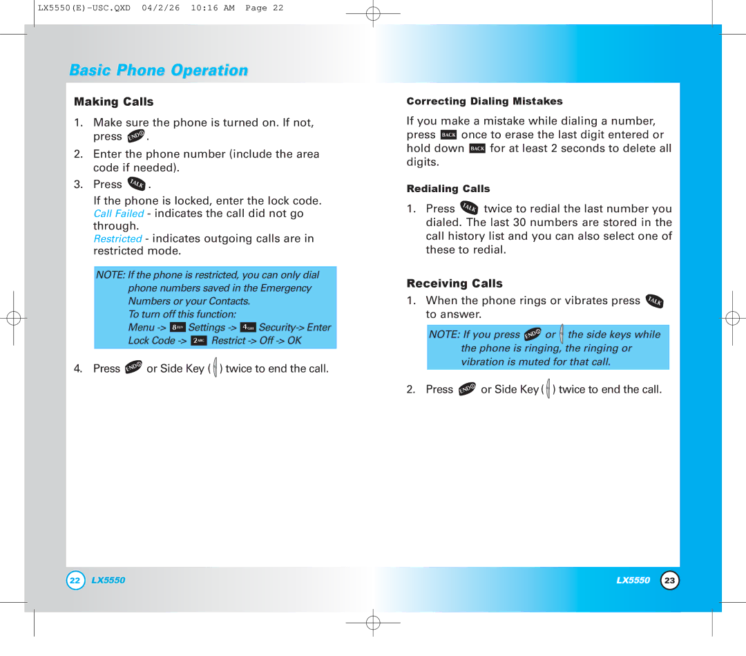 LG Electronics LX5550 manual Making Calls, Receiving Calls 