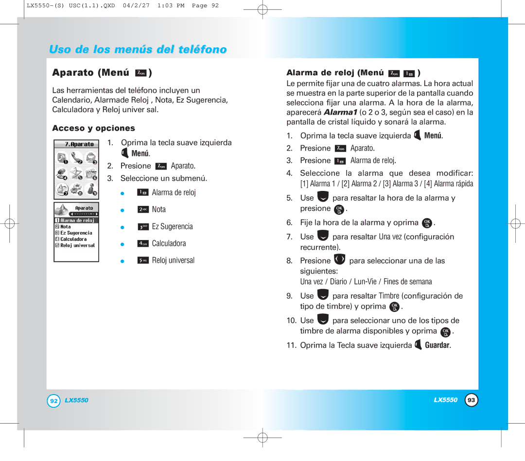 LG Electronics LX5550 manual Aparato Menú, Alarma de reloj Menú 