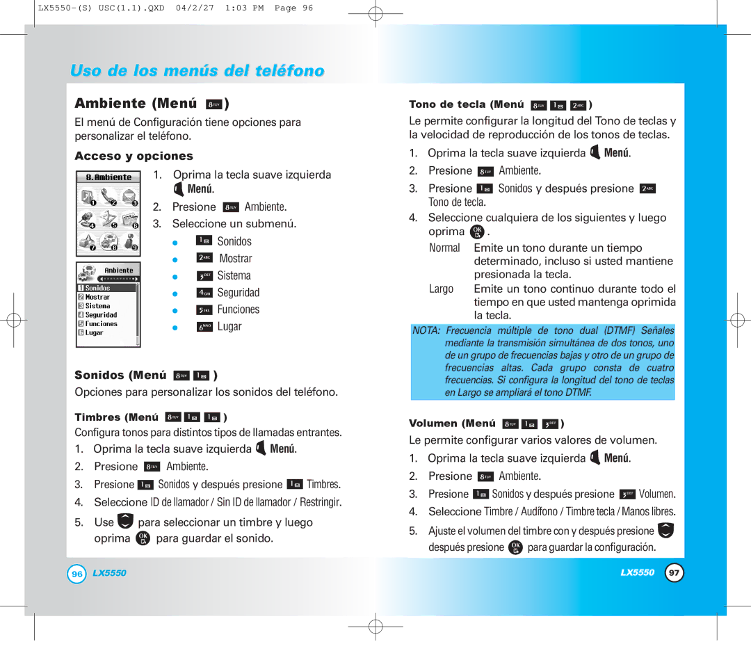LG Electronics LX5550 manual Ambiente Menú, Sonidos Menú 