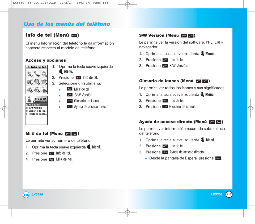 LG Electronics LX5550 manual Info de tel Menú, Mi # de tel Menú, Versión Menú, Glosario de iconos Menú 
