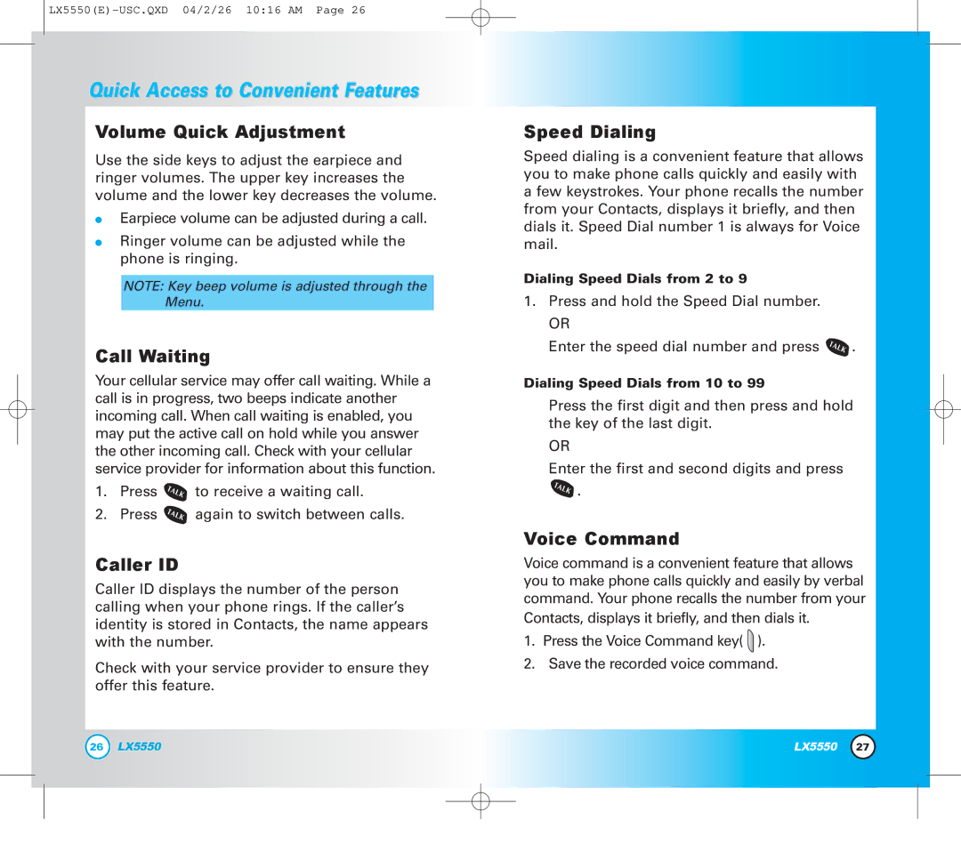 LG Electronics LX5550 manual Volume Quick Adjustment, Call Waiting, Caller ID, Speed Dialing, Voice Command 