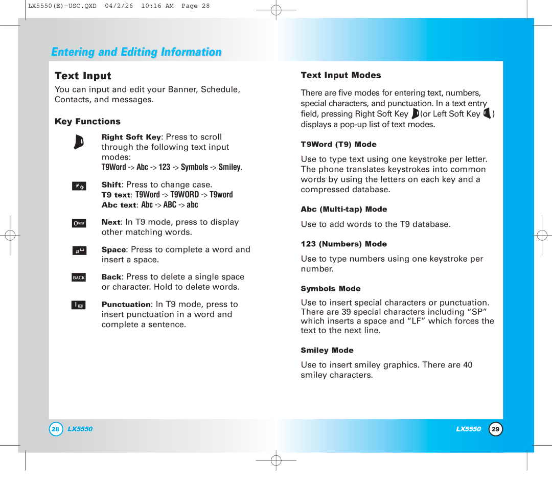 LG Electronics LX5550 manual Key Functions, T9Word -Abc -123 -Symbols -Smiley, Text Input Modes 