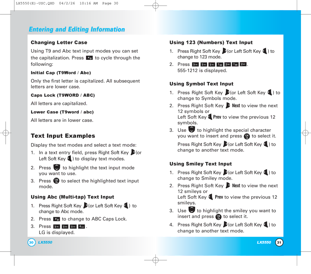 LG Electronics LX5550 manual Text Input Examples 