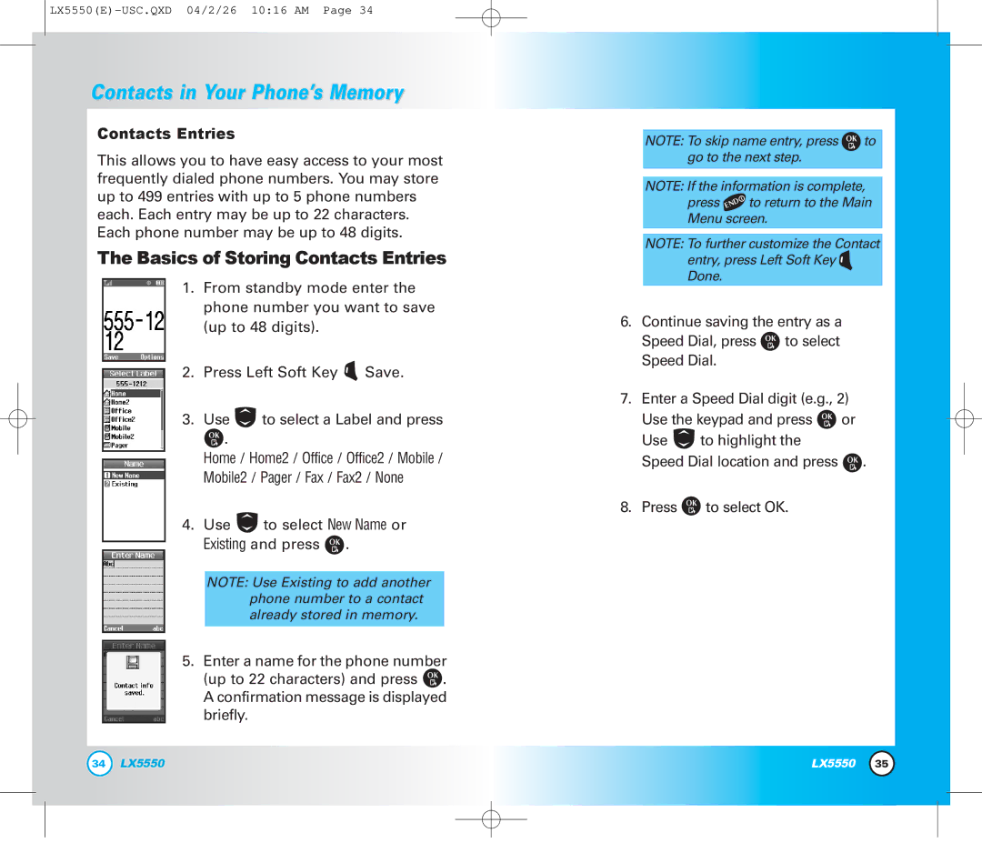 LG Electronics LX5550 manual Basics of Storing Contacts Entries 