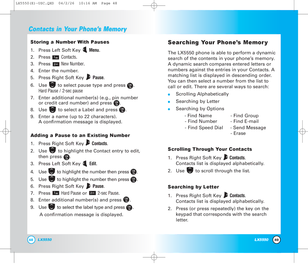 LG Electronics LX5550 Searching Your Phone’s Memory, Storing a Number With Pauses, Adding a Pause to an Existing Number 