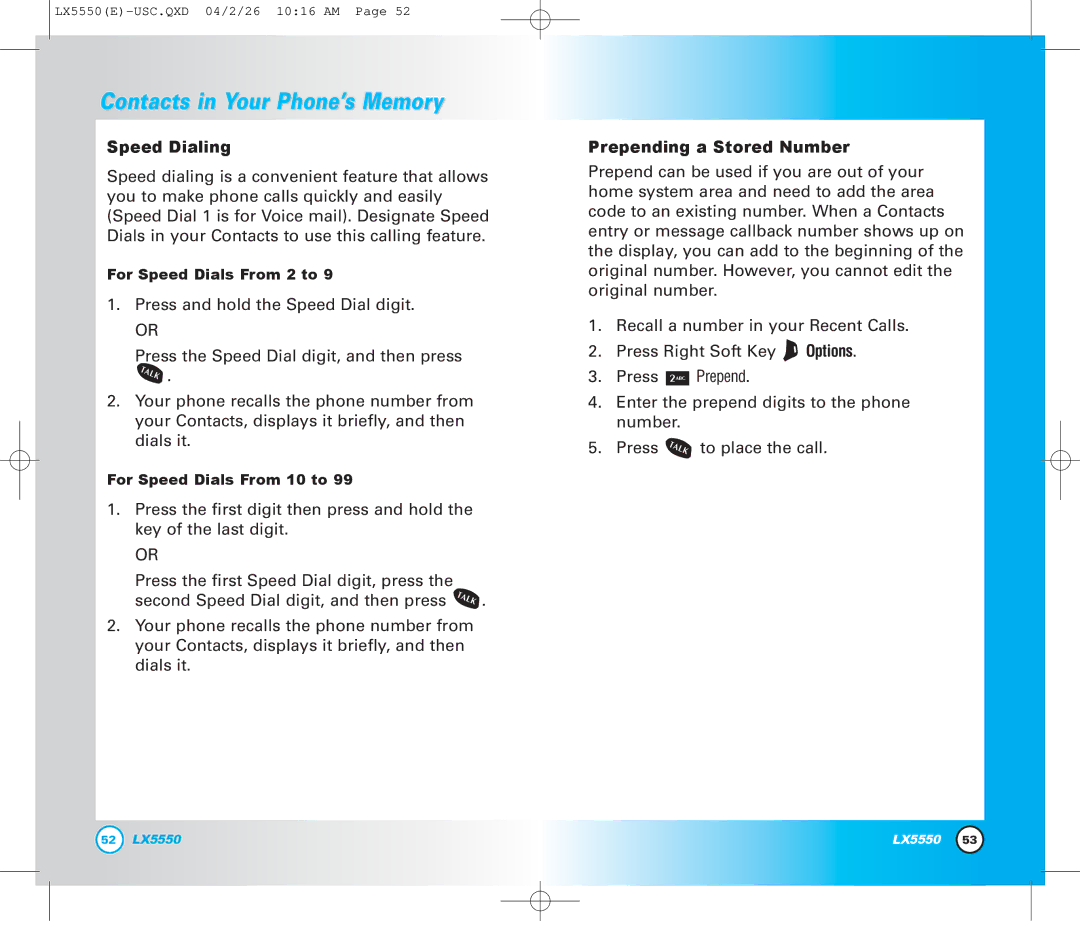 LG Electronics LX5550 manual Speed Dialing, Prepending a Stored Number 