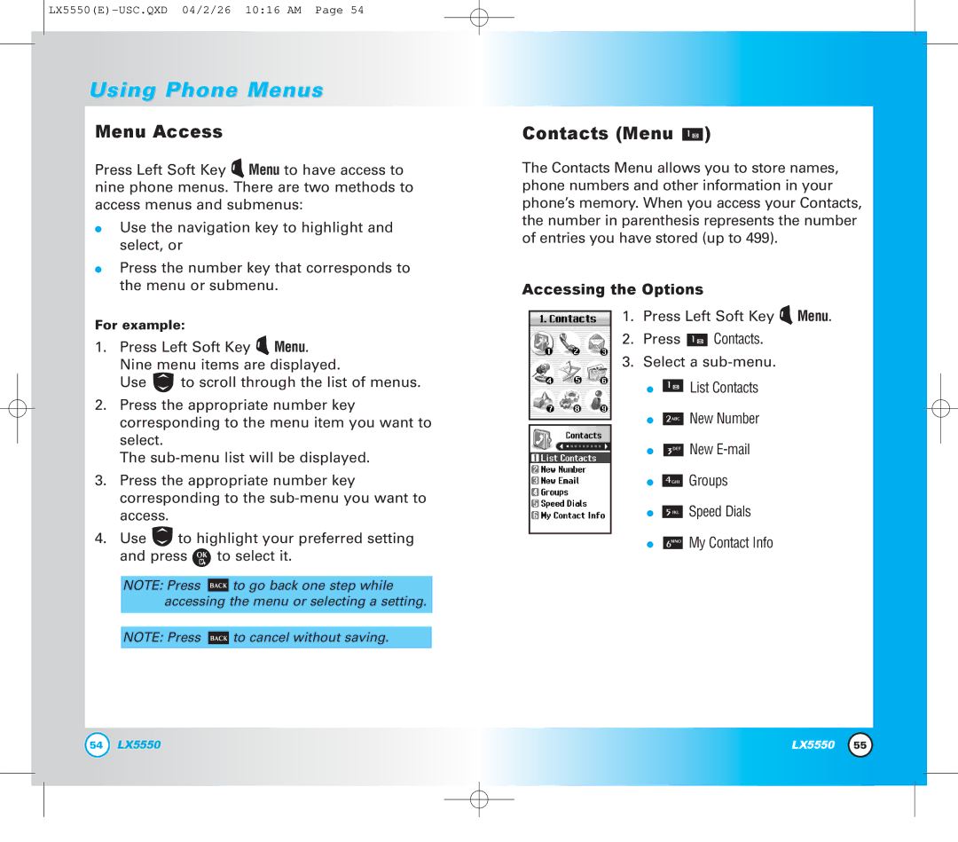 LG Electronics LX5550 manual Menu Access, Contacts Menu, Accessing the Options 