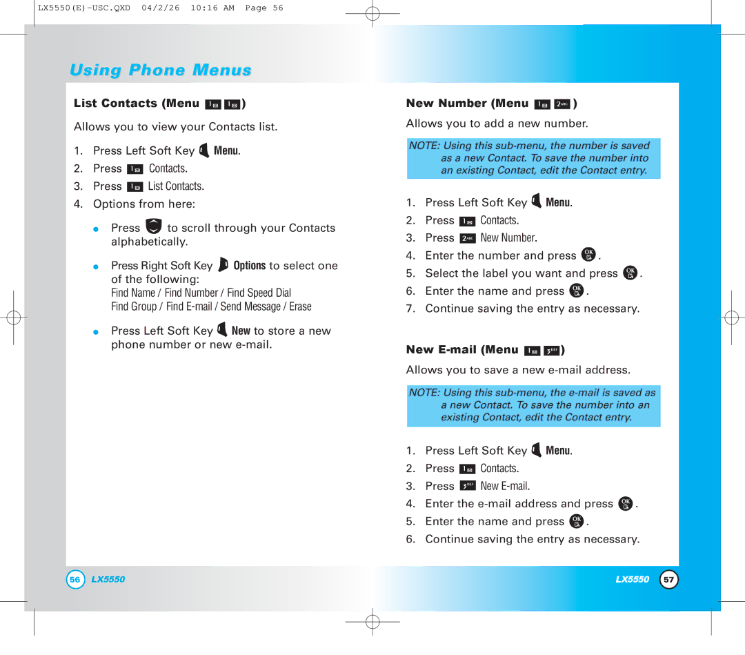 LG Electronics LX5550 manual List Contacts Menu, New Number Menu, New E-mail Menu 