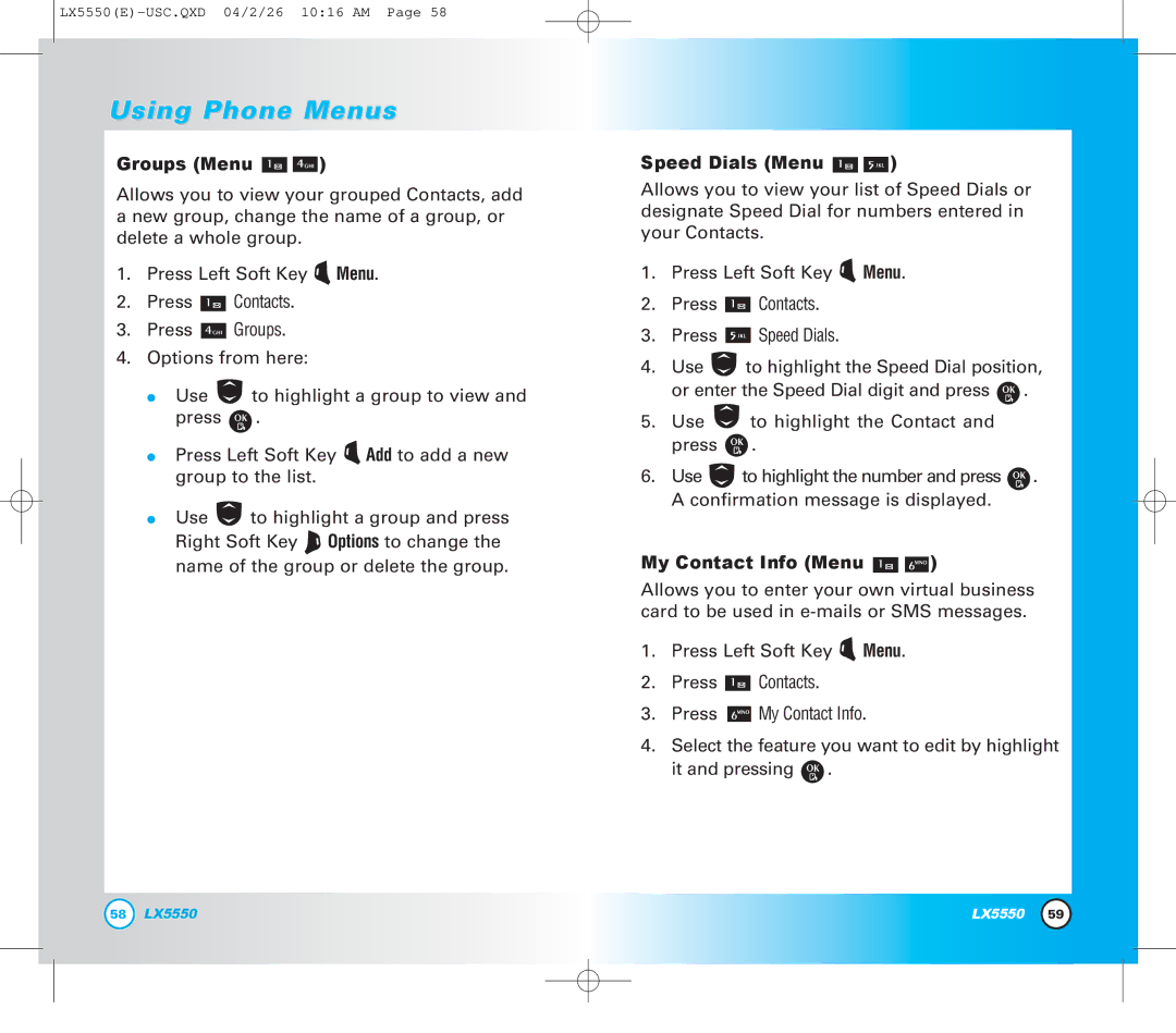 LG Electronics LX5550 manual Groups Menu, Speed Dials Menu, My Contact Info Menu 