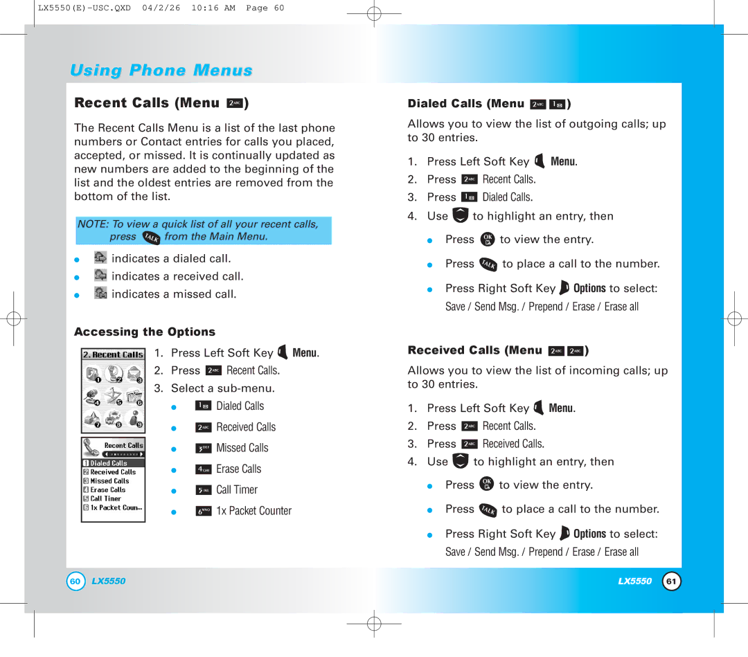 LG Electronics LX5550 manual Recent Calls Menu, Dialed Calls Menu, Received Calls Menu 