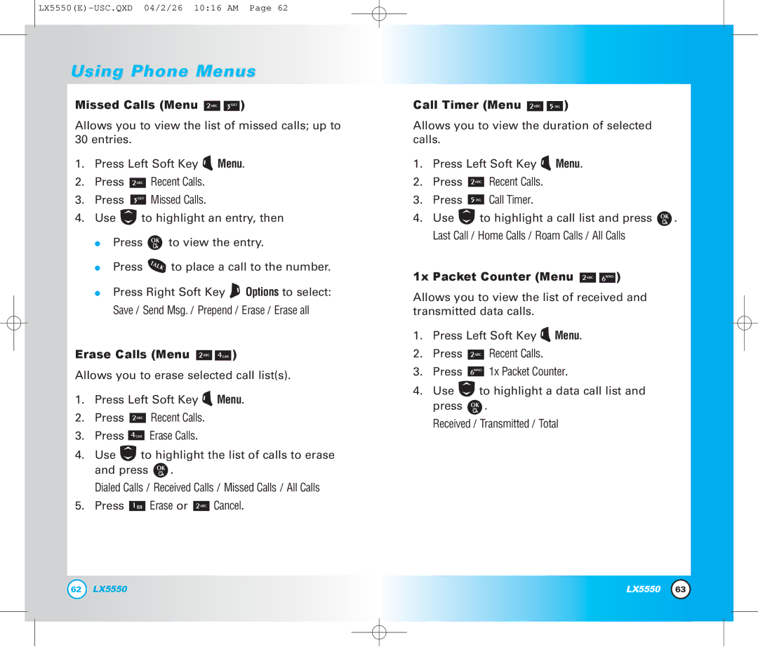 LG Electronics LX5550 manual Missed Calls Menu, Erase Calls Menu, Call Timer Menu, 1x Packet Counter Menu 