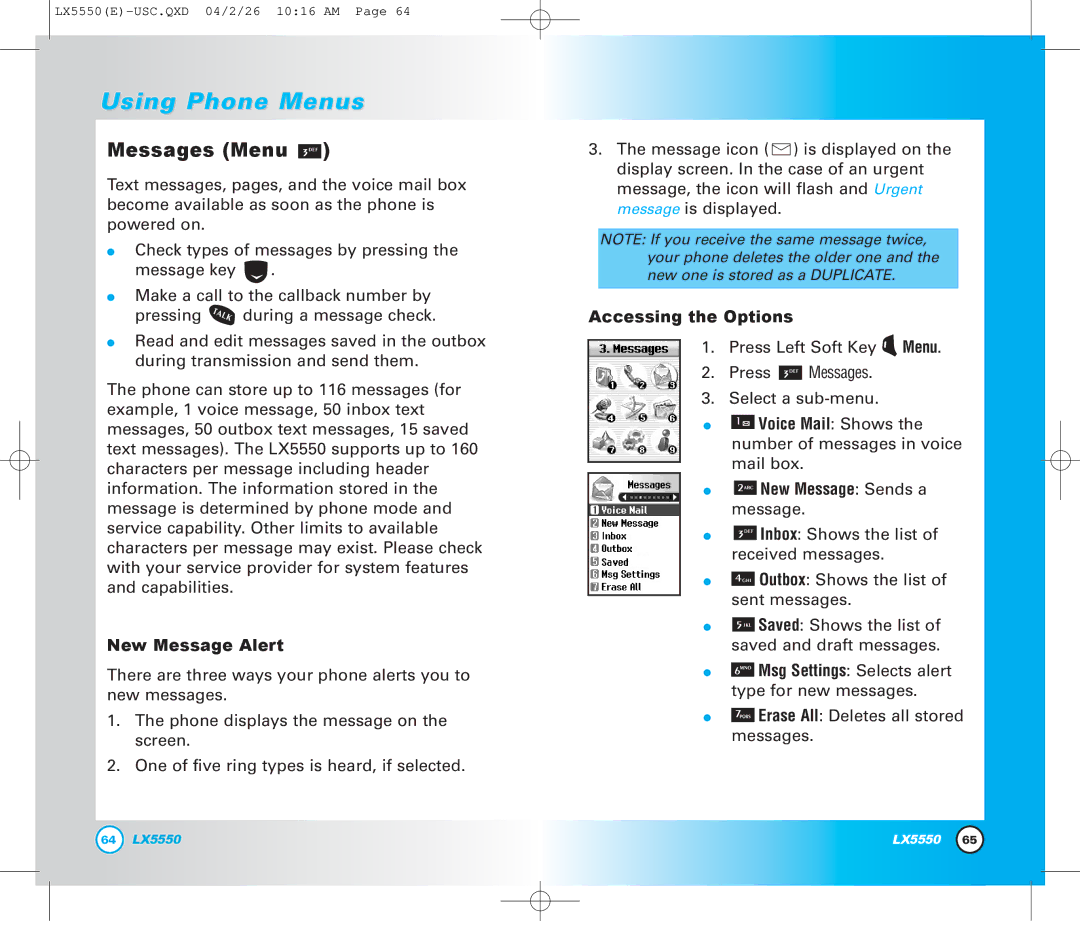 LG Electronics LX5550 manual Messages Menu, New Message Alert, New Message Sends a message 