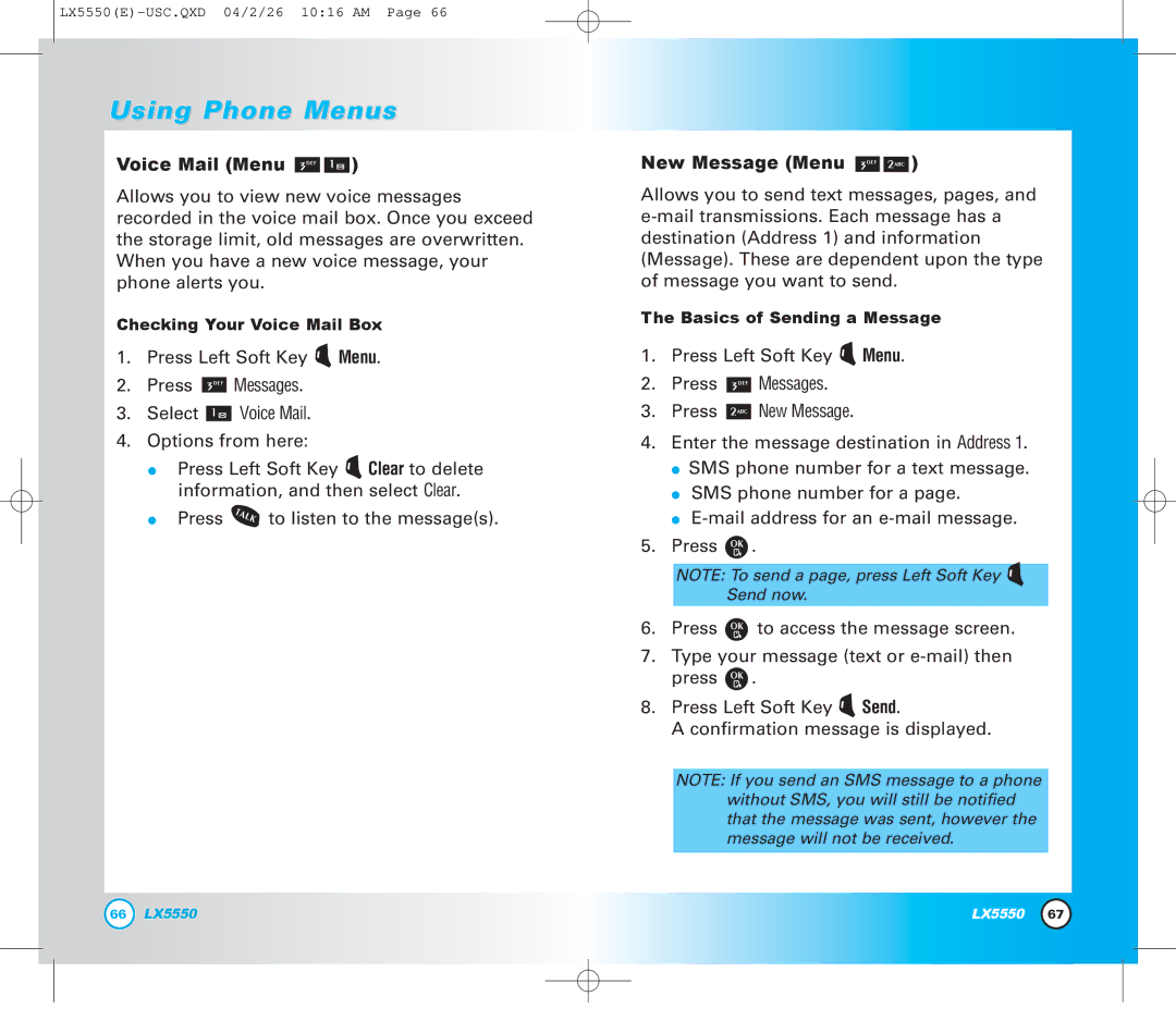 LG Electronics LX5550 manual Voice Mail Menu, New Message Menu 