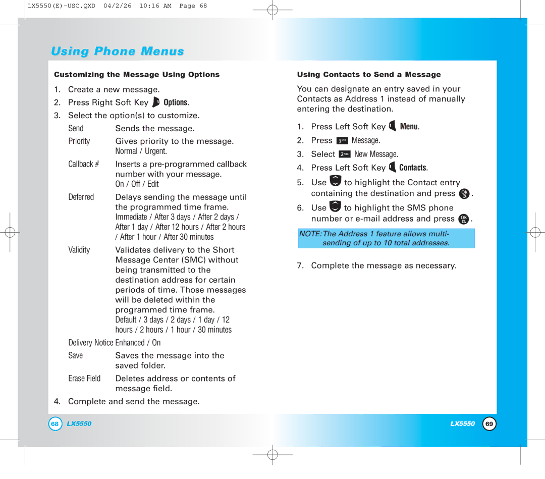 LG Electronics LX5550 manual Customizing the Message Using Options 