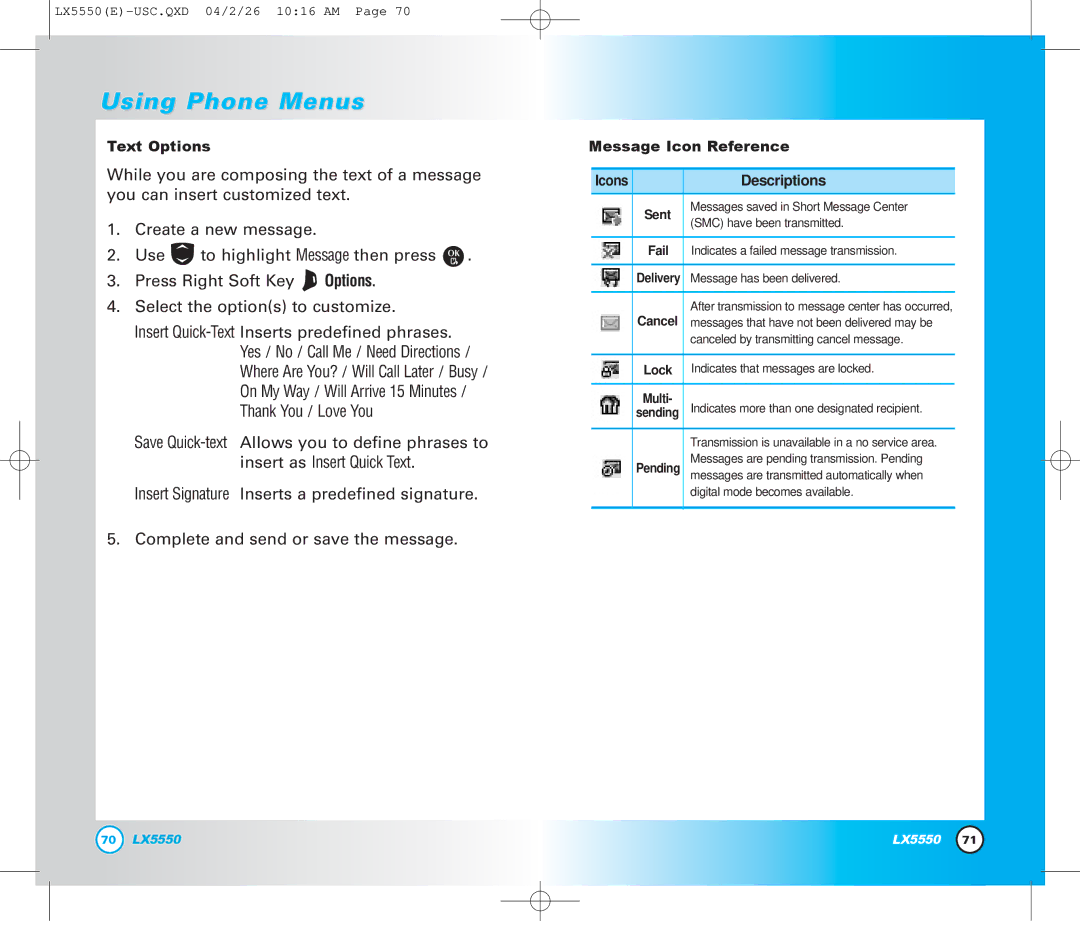 LG Electronics LX5550 manual Text Options 