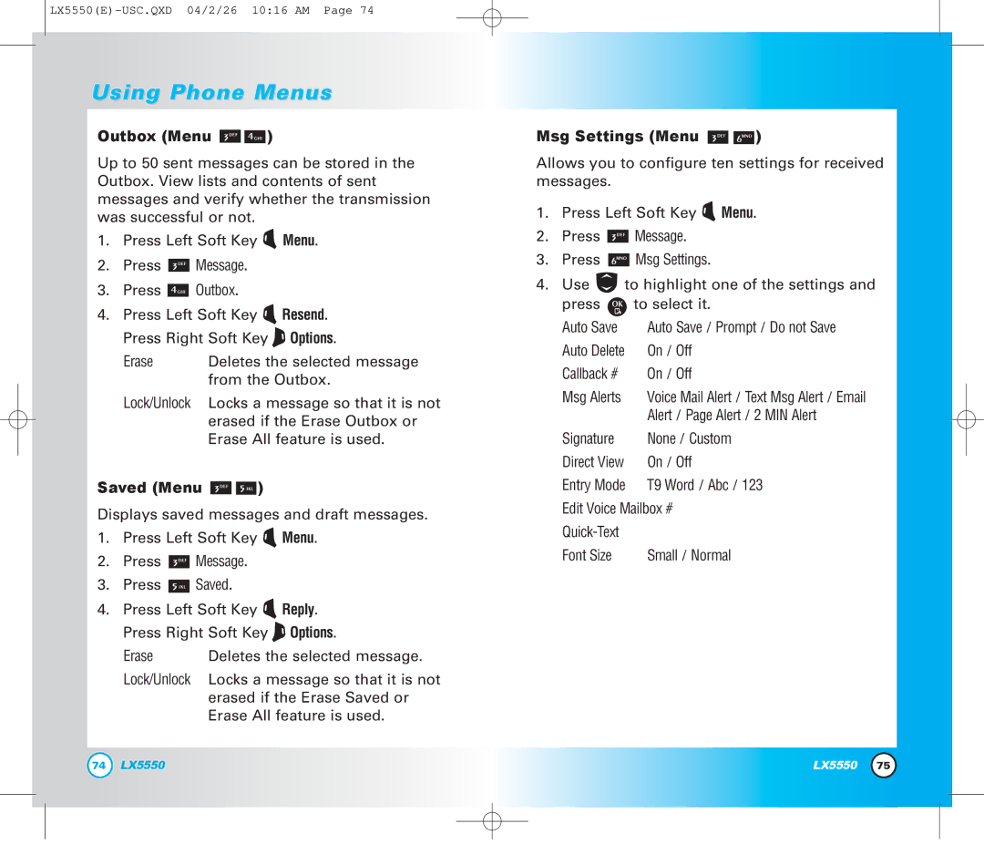 LG Electronics LX5550 manual Outbox Menu, Saved Menu, Msg Settings Menu 