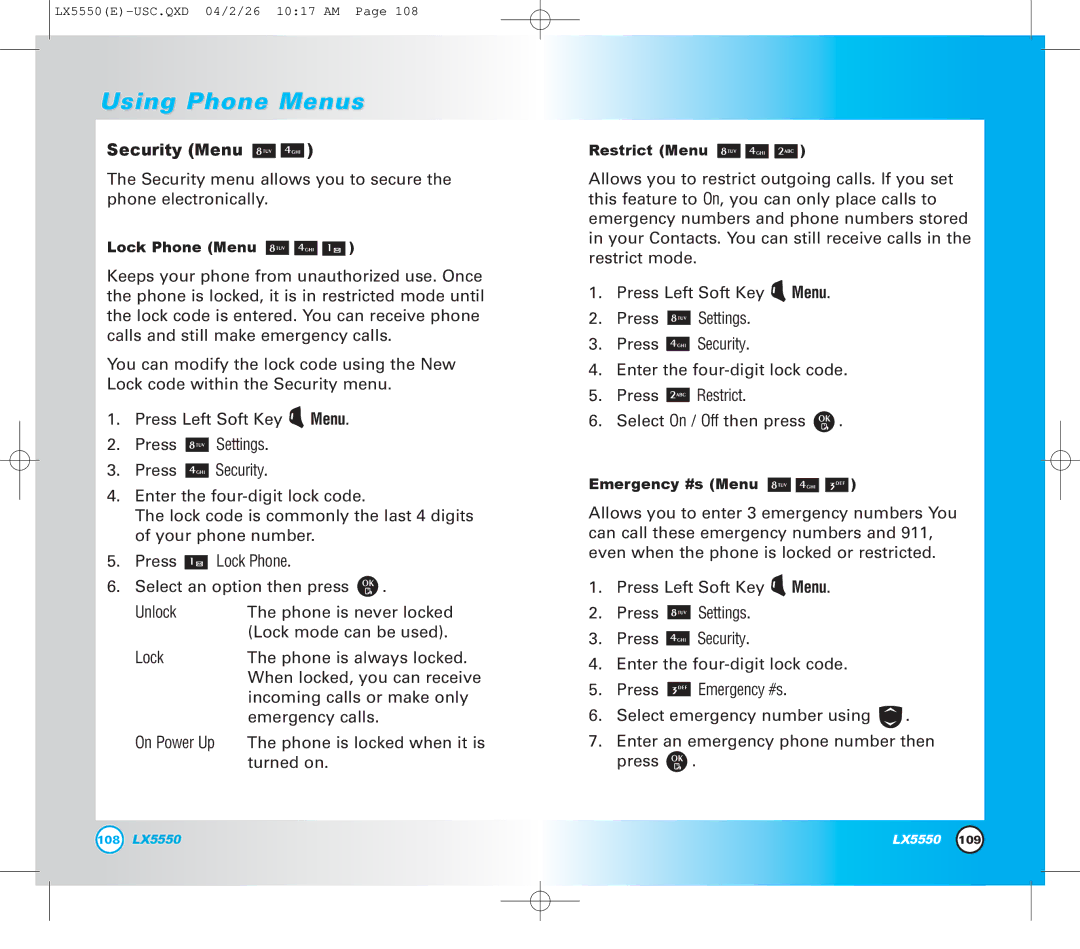 LG Electronics LX5550 manual Security Menu 