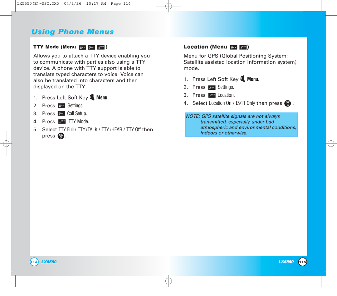 LG Electronics LX5550 manual Location Menu 