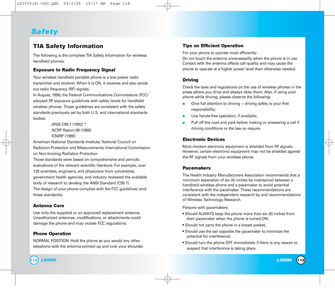 LG Electronics LX5550 manual Safety 