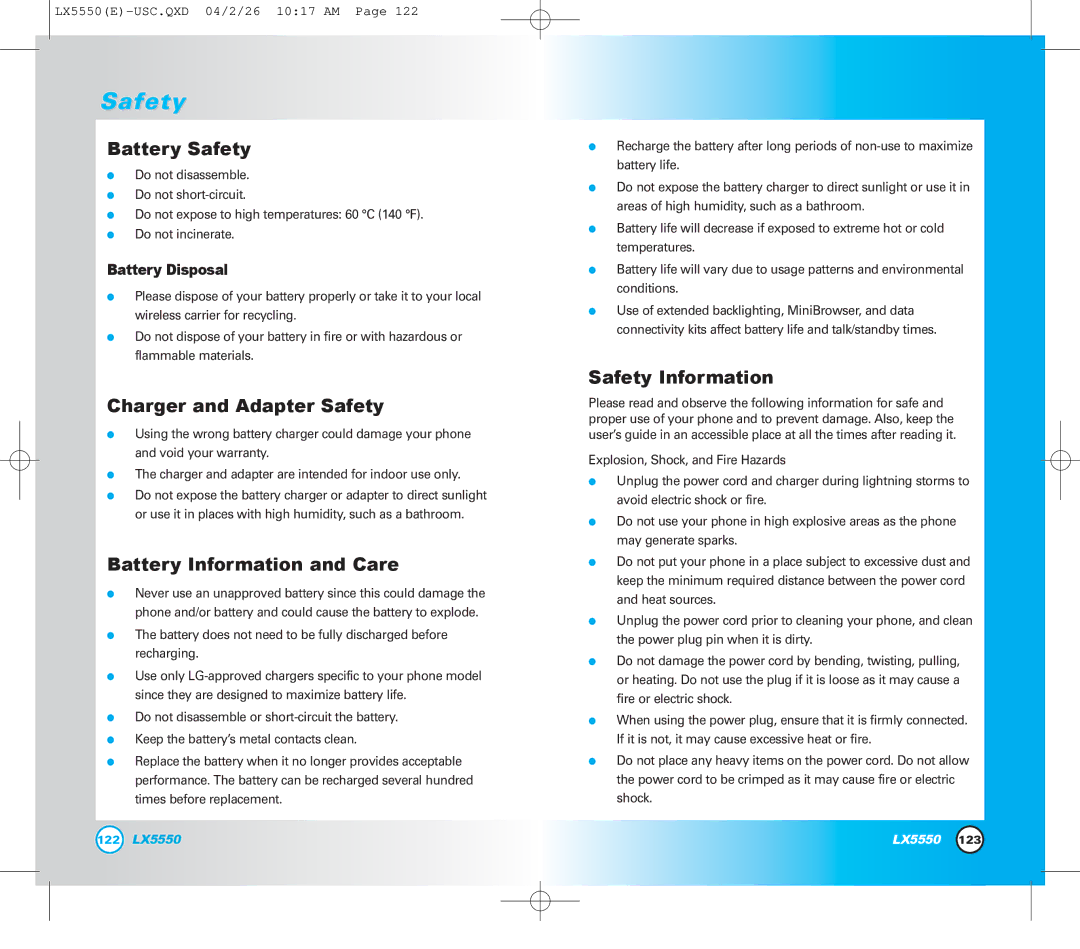 LG Electronics LX5550 manual Battery Safety 