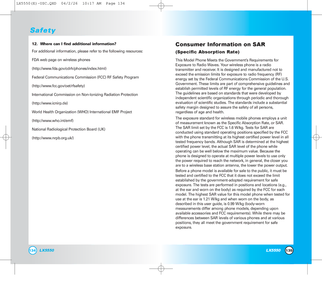 LG Electronics LX5550 manual Consumer Information on SAR 