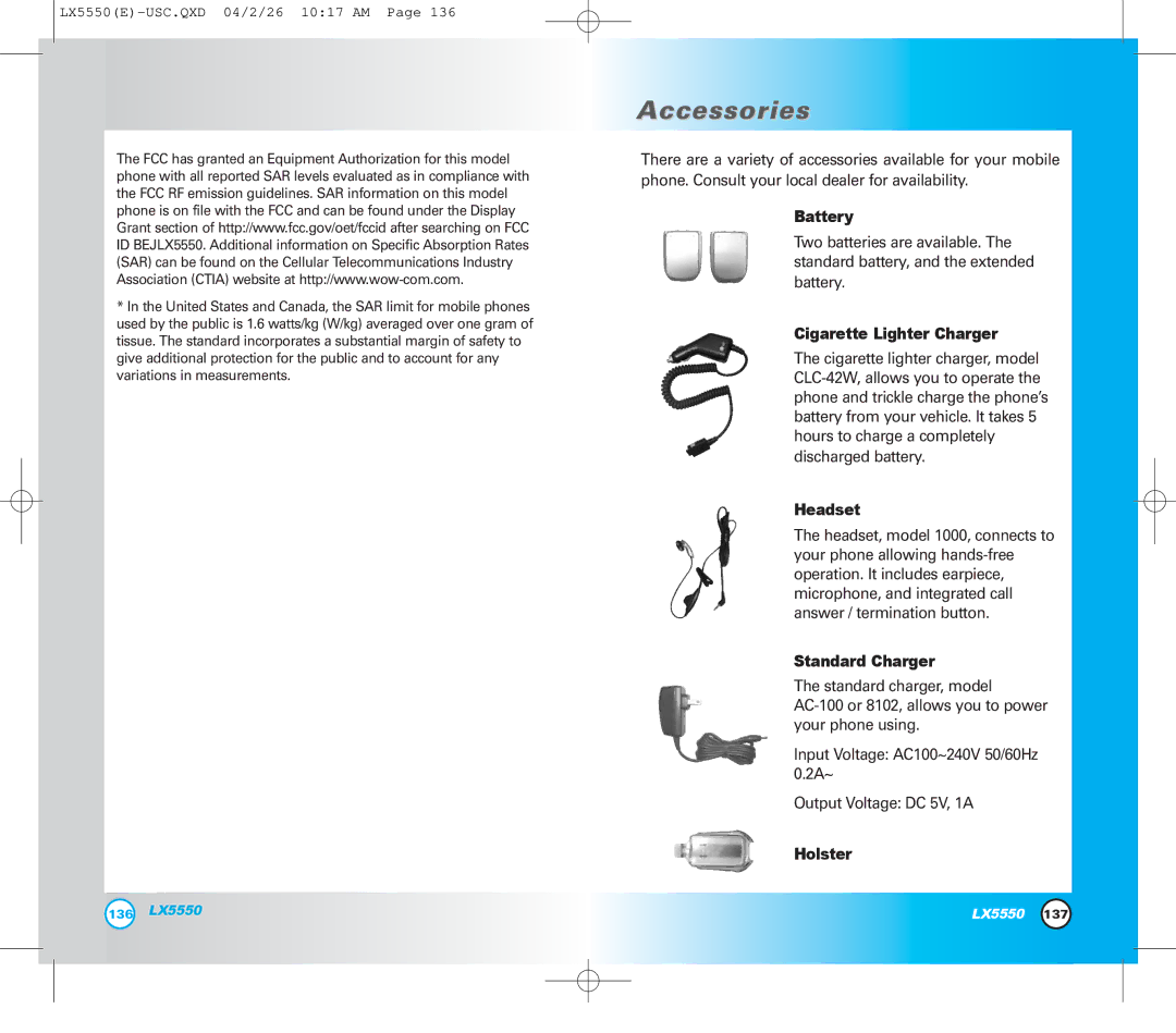 LG Electronics LX5550 manual Accessories 