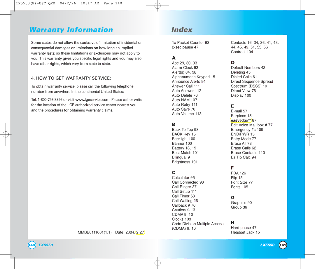 LG Electronics LX5550 manual Index 