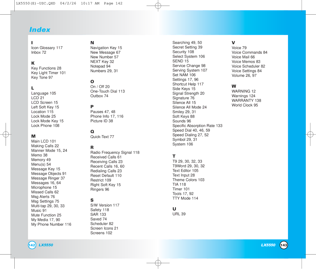 LG Electronics LX5550 manual Index 