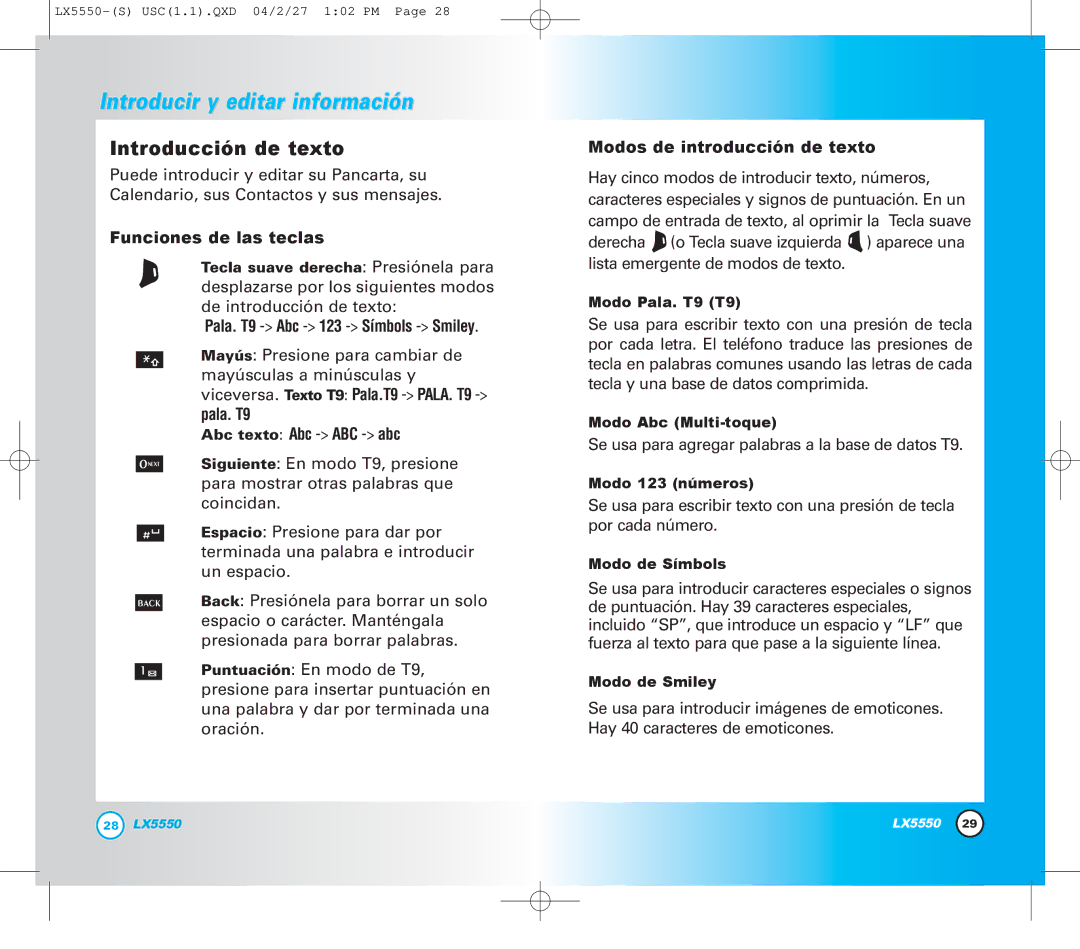 LG Electronics LX5550 manual Introducción de texto, Funciones de las teclas, Pala. T9 -Abc -123 -Símbols -Smiley 