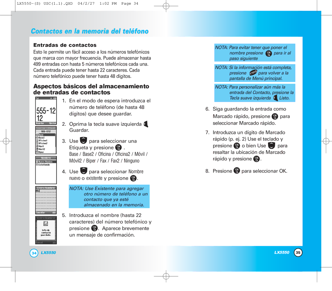 LG Electronics LX5550 manual Contactos en la memoria del teléfono, Entradas de contactos 