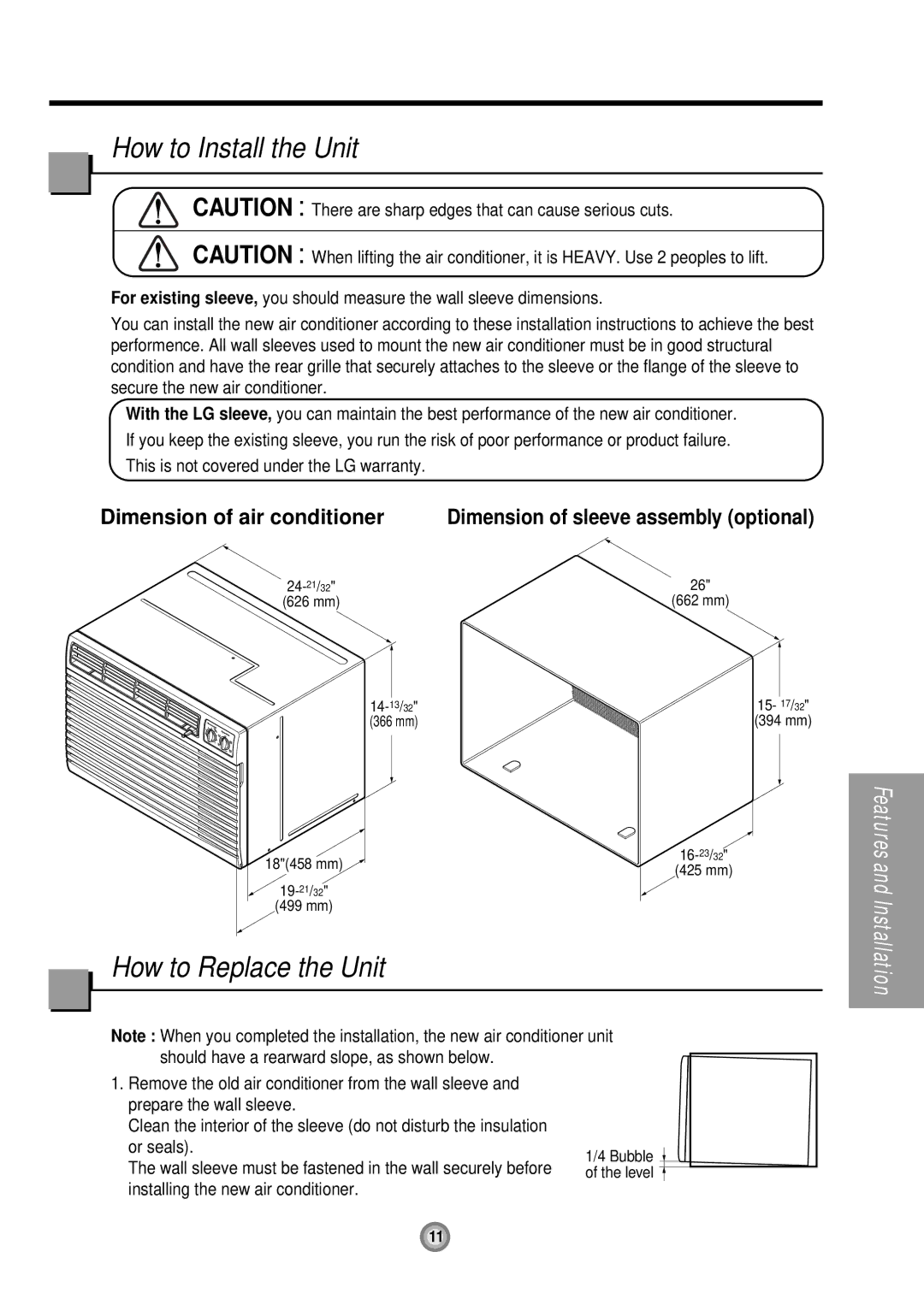 LG Electronics LXA1210ACL How to Install the Unit, How to Replace the Unit, Dimension of sleeve assembly optional 