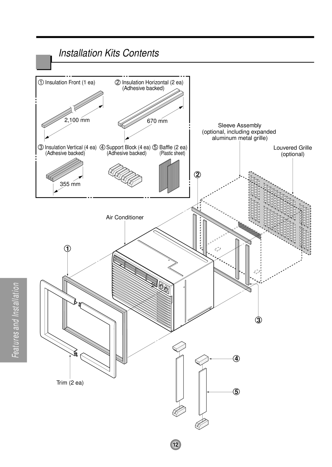 LG Electronics LXA1010ACL, LXA1030ACL, LXA1210ACL, LXA0810ACL, LXA1230ACL owner manual Installation Kits Contents 