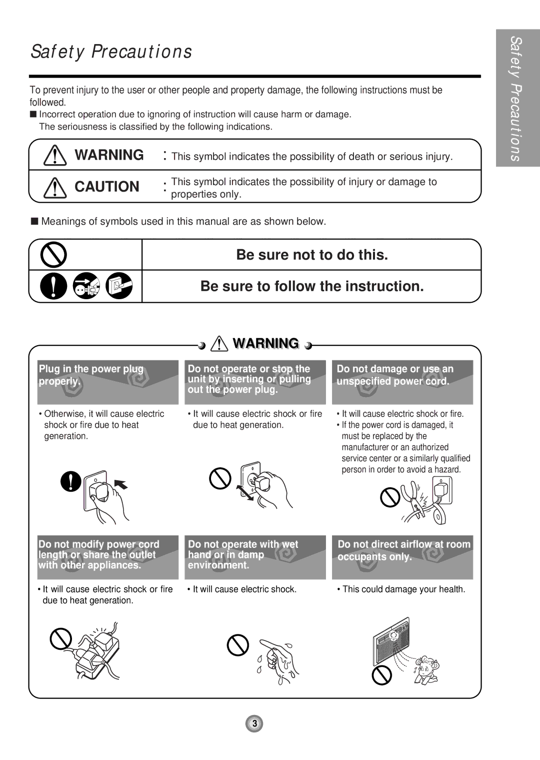 LG Electronics LXA0810ACL, LXA1030ACL Safety Precautions, Be sure not to do this Be sure to follow the instruction 